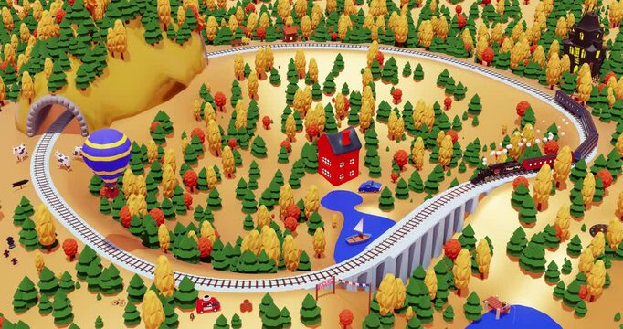 3d template design - Train, mountains and trees. Autumn holiday. Time to travel. 3d render video.