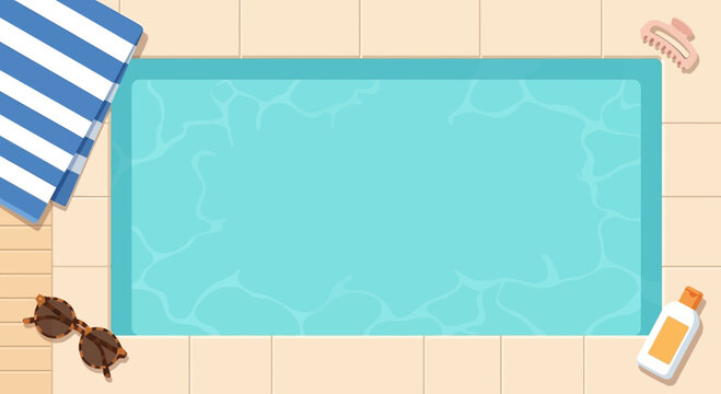 Swimming pool with beach towel sunglasses and sunscreen background