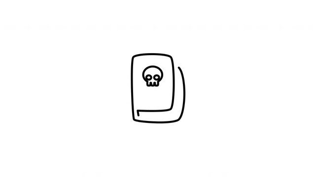 Minimalist outline animation of an old magic witch spell book with a skull pattern drawing on and fading out. Features a clean pop up style in 3 color setups.