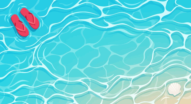 Red flip flops and seashell in turquoise summer water background