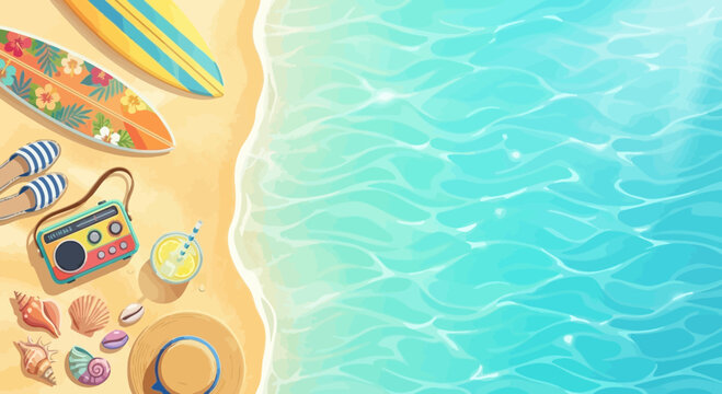 Summer beach background with surfboard radio and seashells