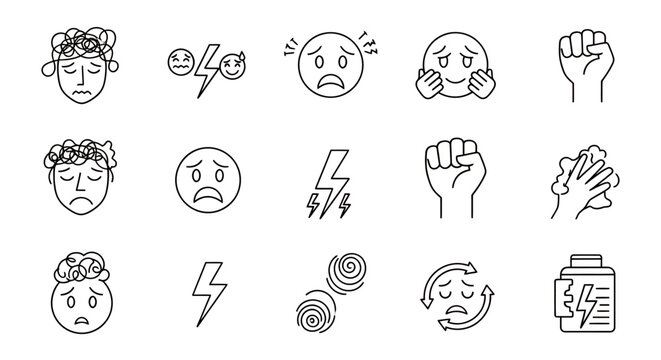 Assorted hand drawn faces and symbols in black and white doodle style.
