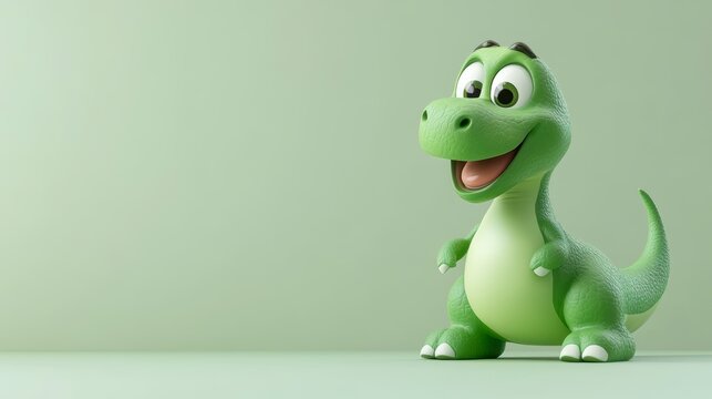 Cute cartoon green dinosaur character against a pale green background.