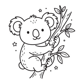 Koala bear climbing tree branch slowly.