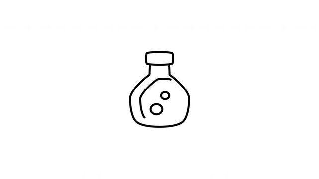 Minimalist outline animation of a glass witch potion bottle with bubbling magic liquid drawing on and fading out. Features a clean pop up style in 3 color setups.