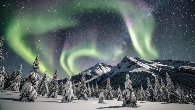 Aurora Borealis Dancing Over Snowy Forest and Mountains - A spectacular display of the Aurora Borealis illuminates the night sky above a snow-covered forest and majestic mountains.