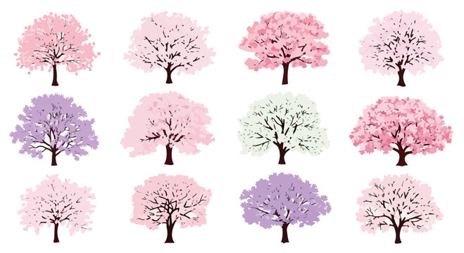Cherry blossom tree vector set, Japanese sakura blooming trees in pink and purple colors, 12 floral nature icons for spring season design