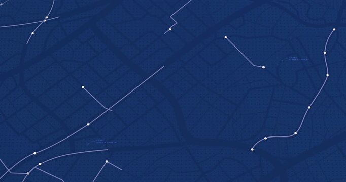 Grid Map with Moving Data Points. Interconnected node system with geometric lines on dark blue dotted backdrop