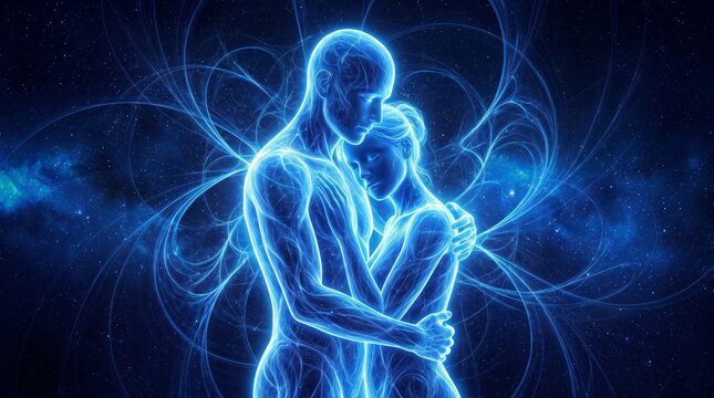 Ethereal blue glowing figures of a man and woman embracing in a cosmic, spiritual light.