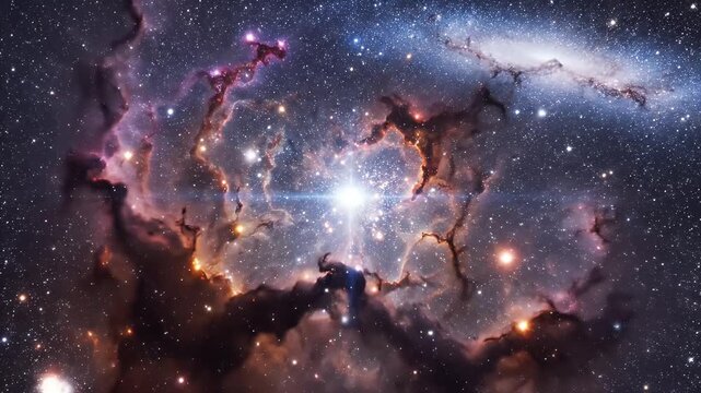 Vibrant Cosmic Nebula with Stars in Deep Space Galaxy - A stunning and colorful cosmic nebula is depicted, swirling with dust and gas amidst a backdrop of countless stars in deep space.