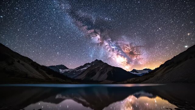 Milky Way Arches Over Serene Mountain Lake at Night - A stunning view of the Milky Way galaxy arching across a star-filled night sky above majestic snow-capped mountains.
