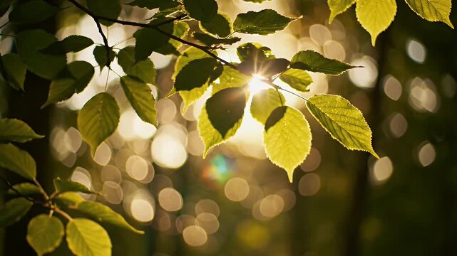 Sunlight Through Green Leaves on Branch - Sunlight filters through vibrant green leaves on a tree branch, creating a beautiful bokeh effect in the background.