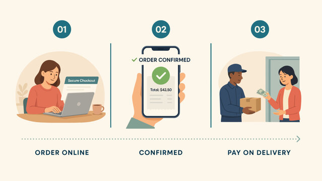 Online order process with confirmation and cash on delivery illustration