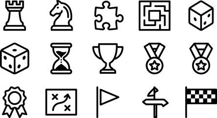 Set of black and white game and competition line icons. © riski