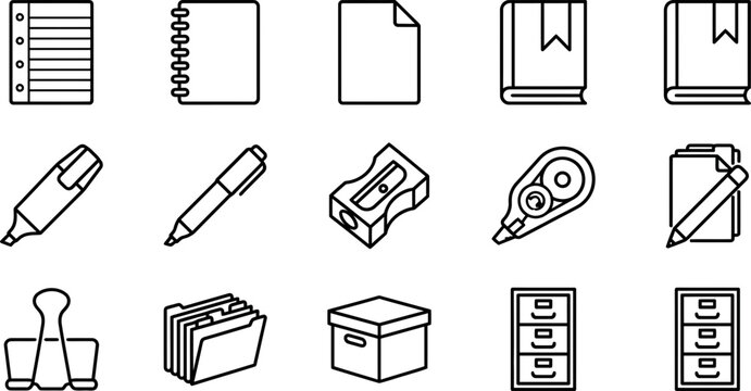 Set of office and school supplies icons.