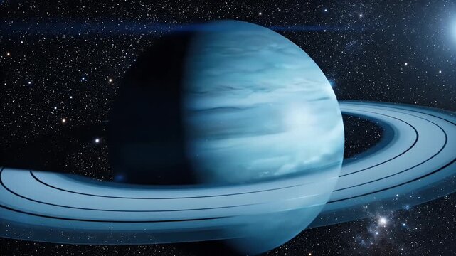 Rotating Planet Uranus in Deep Space with Rings - This image depicts a beautiful, detailed view of the planet Uranus rotating in the vast expanse of outer space.