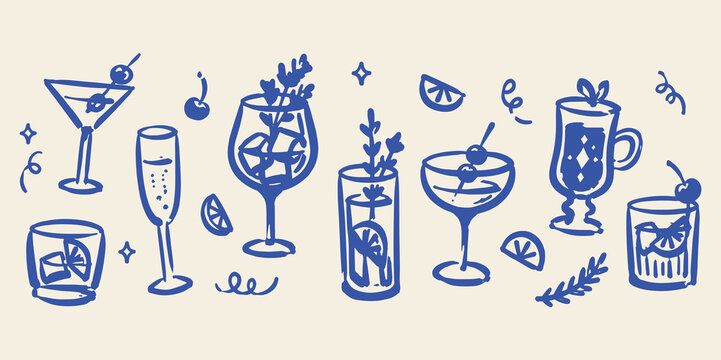 Cocktail Drinks Set Naive Doodle Vector Illustration