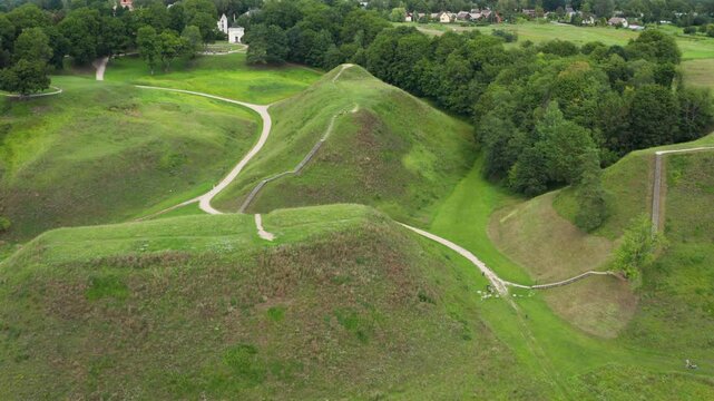Drone view of Kernavė archaeological site and its five historic hill forts, Lithuania