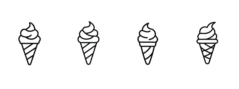 Ice cream cone food and dessert line icons set with soft serve cone, waffle gelato swirl, sweet frozen yogurt & more vector illustration with editable stroke.