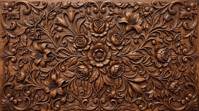 Intricate floral wood carving pattern with symmetrical botanical relief details