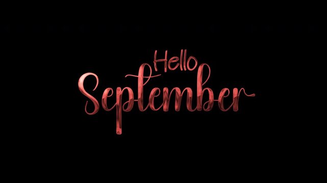 Elegant rose gold cursive letters spell hello september on a black background, perfect for greeting cards, social media posts.