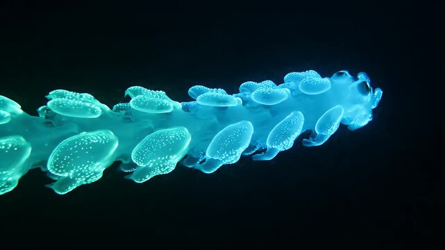 Bioluminescent Deep Sea Siphonophore - A rare, translucent siphonophore glows with bioluminescence as it drifts in the dark deep sea.
