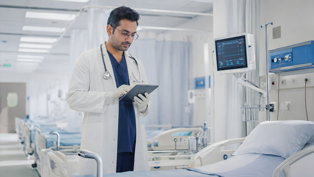 Male doctor using digital tablet in a modern hospital ward