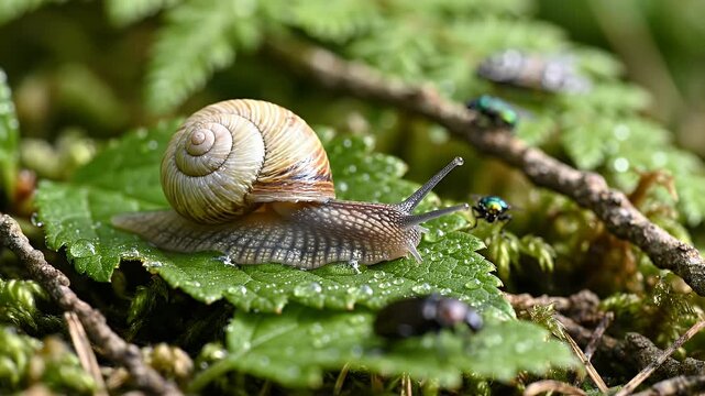 Snail on Leaf in Natural Habitat - A close-up shot of a snail with its shell clearly visible, resting on a vibrant green leaf covered in water droplets.