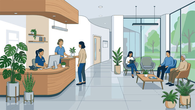 Patients wait in a modern hospital lobby with reception and seating area