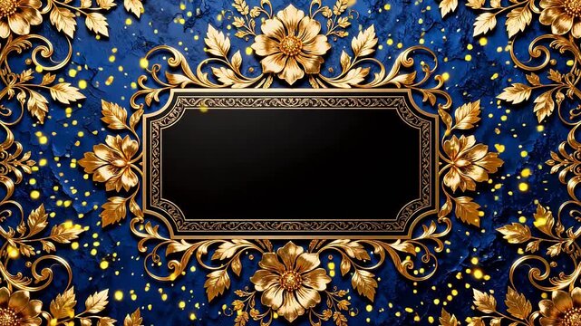 Golden floral ornate frame on blue background