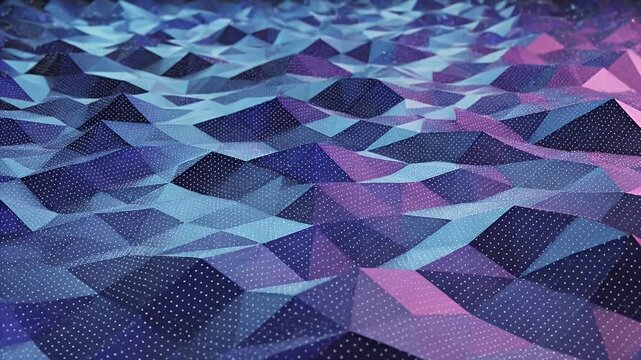 Abstract Low Poly Geometric Landscape with Dotted Texture - A dynamic abstract landscape rendered in low poly geometry, featuring a color palette of deep blues, purples, and light blues.