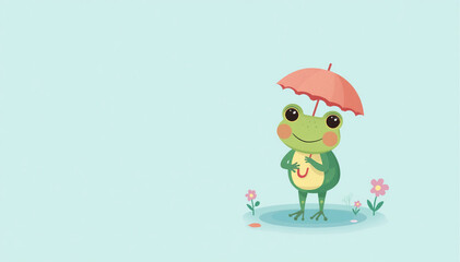 Fototapeta premium Cute Frog Holding Umbrella with Copy Space