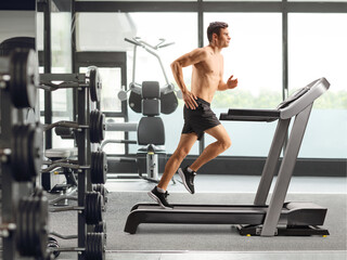 Fototapeta premium Shirtless fit man running on a treadmill
