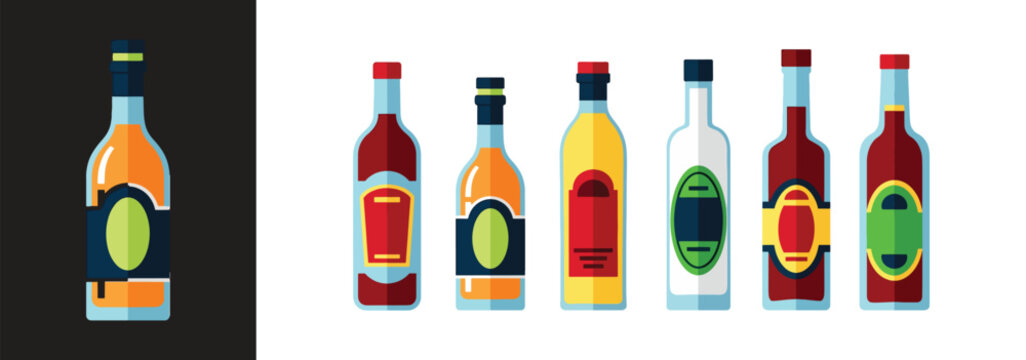 Alcohol bottle icon set, colorful flat icons of whiskey, vodka, 
rum and wine bottle for bar and beverage label design