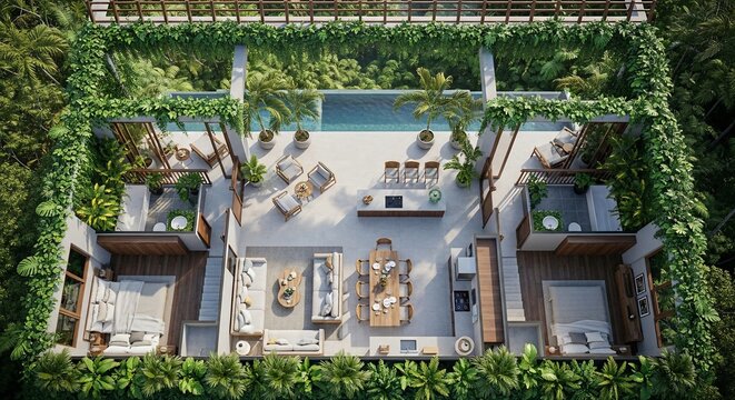 Luxury rooftop terrace aerial view