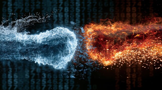 Aquatic fist clashing blazing fist, steam explosion central. Cyan liquid versus crimson inferno, icy fragments scatter. Glowing numeric cascades behind. Futuristic battle illustration.