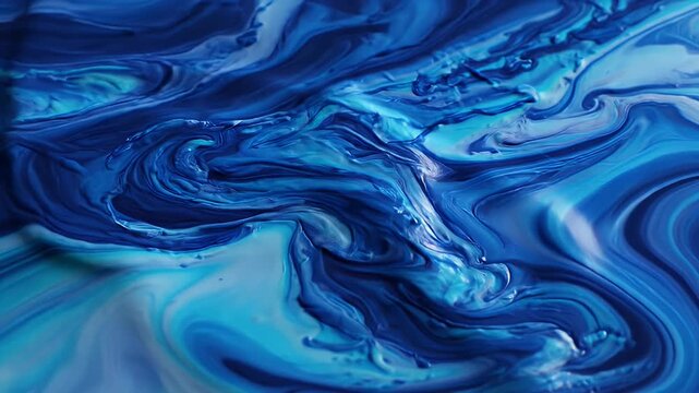 Abstract Blue Swirls and Ripples Background - Close-up view of swirling blue liquids creating an abstract pattern with light and shadow.