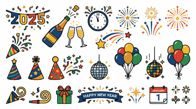 Colorful sketchy hand-drawn collection of New Year 2025 celebration ic
