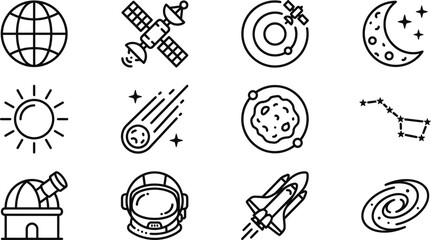 Set of outline space and astronomy themed icons. © siti