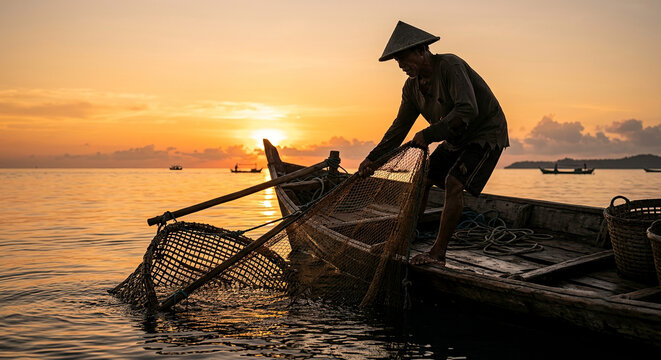 Silhouette of fisherman lifting traditional fish trap on wooden boat at sunset