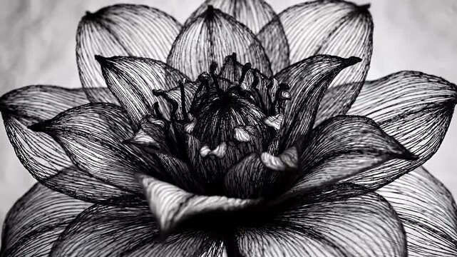 Black and White Abstract Floral Line Art Close-up - A detailed macro shot of an abstract floral arrangement rendered in black and white.
