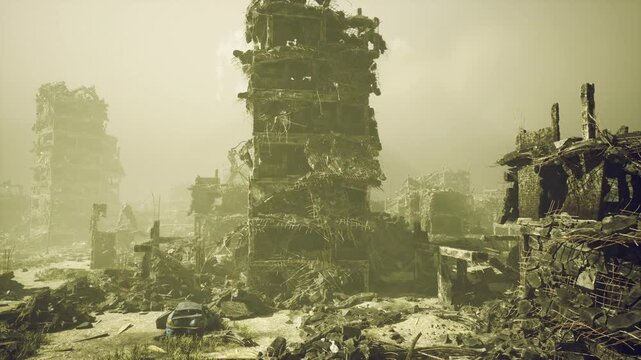 golden haze over vine covered tower, warm sunlight filters through mist onto mossy rubble and climbing vegetation, nature reclaiming concrete skeleton