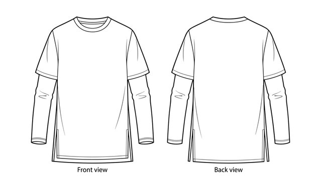 Side slit layered t-shirt flat sketch fashion illustration with front and back view. Longline double layer long sleeve tee drawing vector template mock up