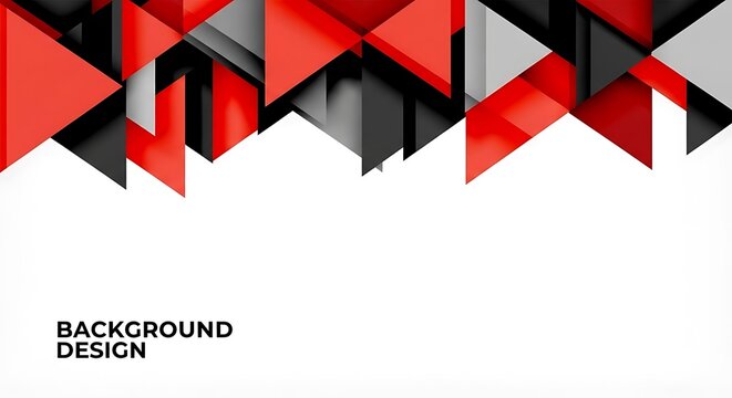 Abstract design, colorful overlapping triangles of red, gray, and black on a white background