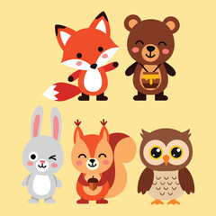 Fototapeta premium Forest animals collection with fox bear and squirrel