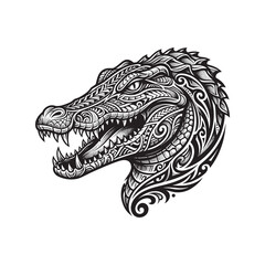 Naklejka premium Detailed tribal crocodile head illustration with intricate Polynesian-inspired ornaments, bold blackwork line art, fierce open jaws, and monochrome tattoo-style vector isolated