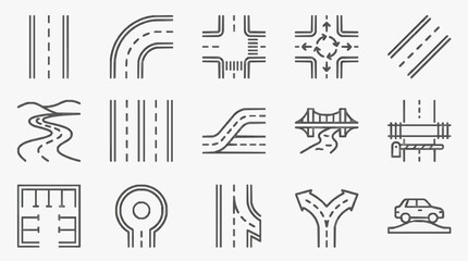 Modern Minimalist Black and White Line Icons Set of Various Road Signs Traffic Symbols and Highway Elements © Ncenceleng