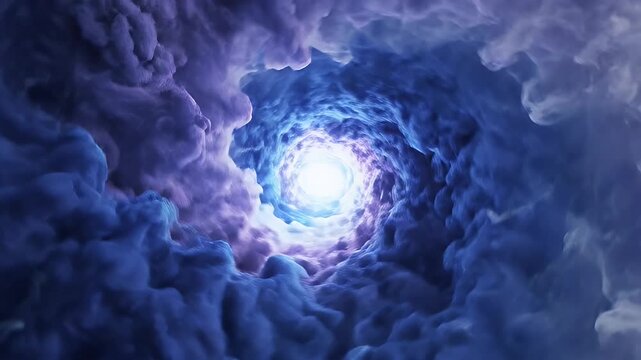 Swirling Cosmic Vortex Background in Blue and Lavender Hues - An abstract, swirling vortex of smoky clouds in deep blues, purples, and lavender draws the eye towards a bright, glowing center.