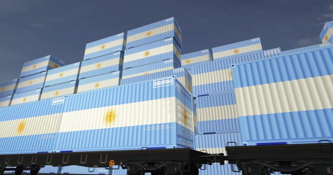 Argentina export production and import containers on a freight wagons loop. Business concept of railway train transport and shipping with a Argentinian flag. 3D loopable and seamless animation.