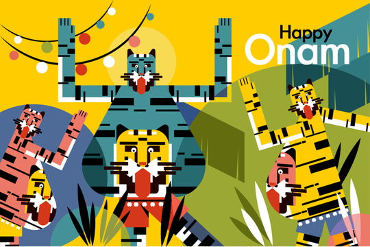 Happy Onam greeting vector illustration featuring vibrant Tiger dance performers celebrating the traditional harvest festival of Kerala, India